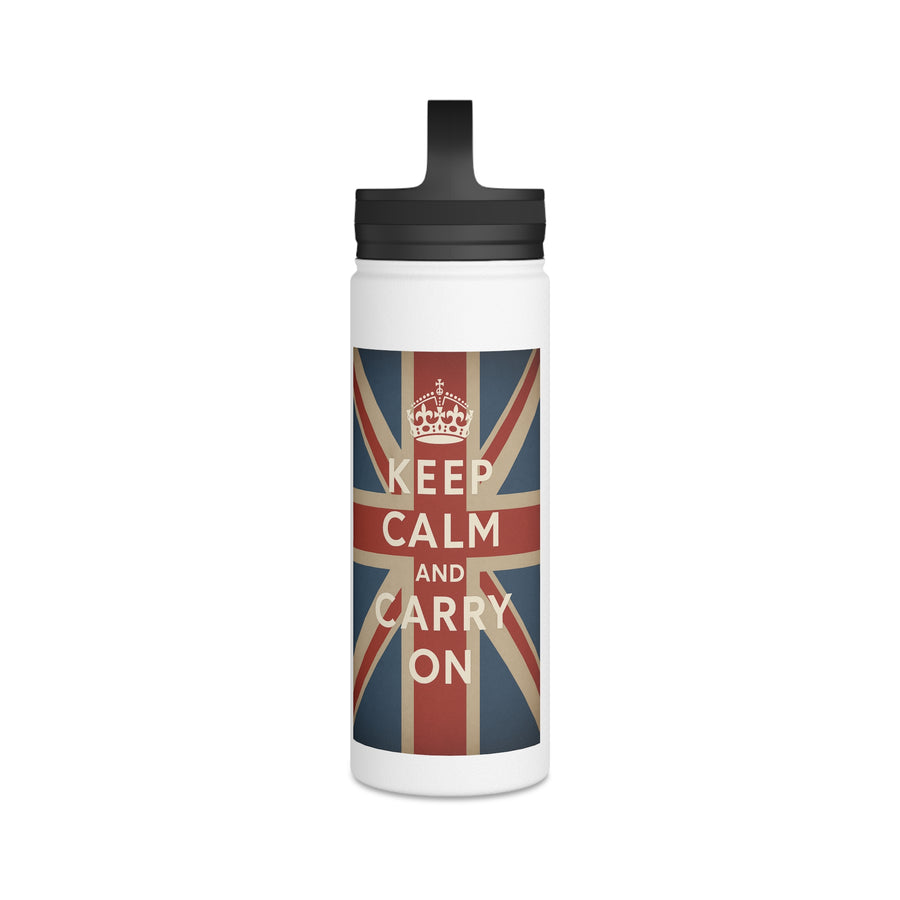 Gourde Inox Keep Calm and Carry On – Design Vintage Union Jack, Isotherme avec Couvercle à Poignée, Cadeau Britannique