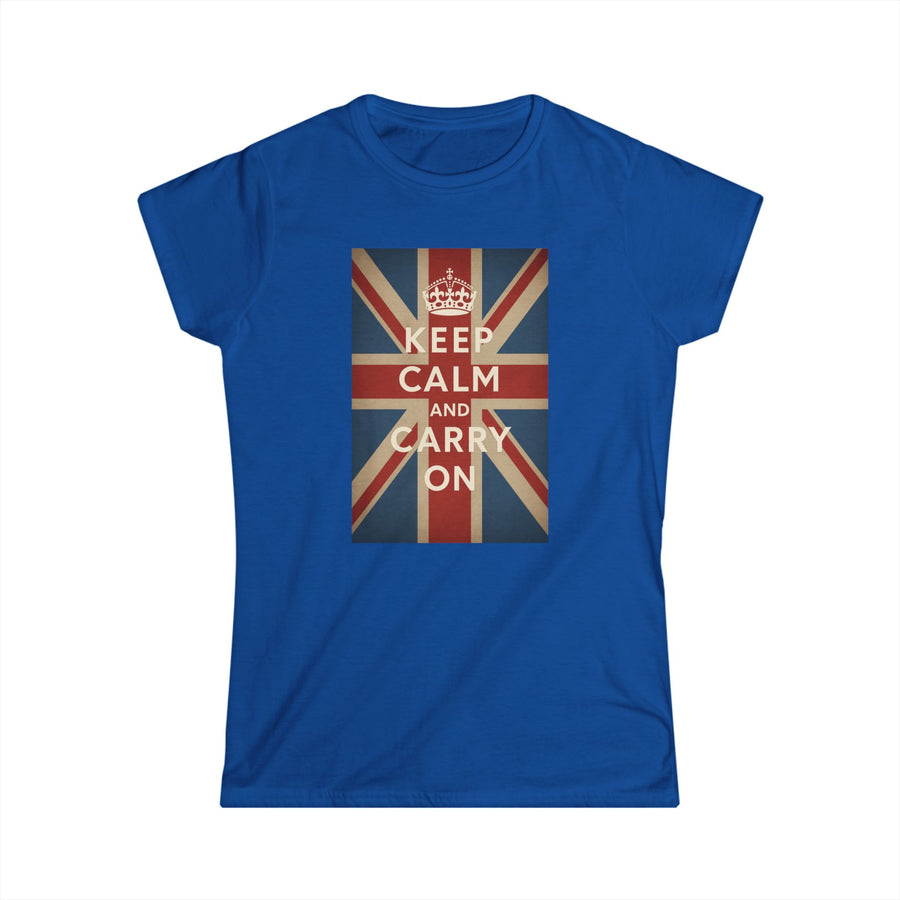 True Insights Damen T-Shirt Keep Calm and Carry On Union Jack Krone England in Royalblau