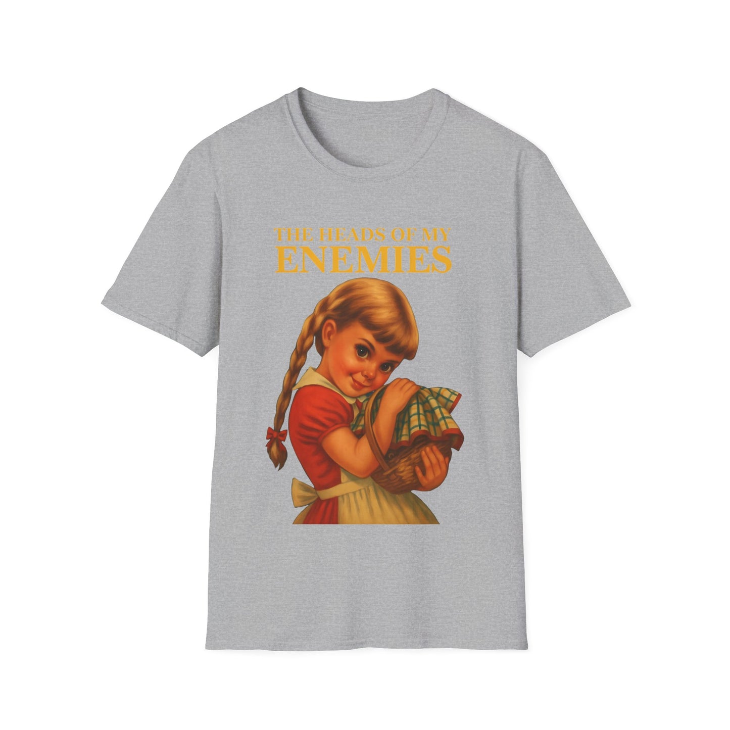 T-shirt “The Heads of My Enemies” – retro satire with children’s book flair