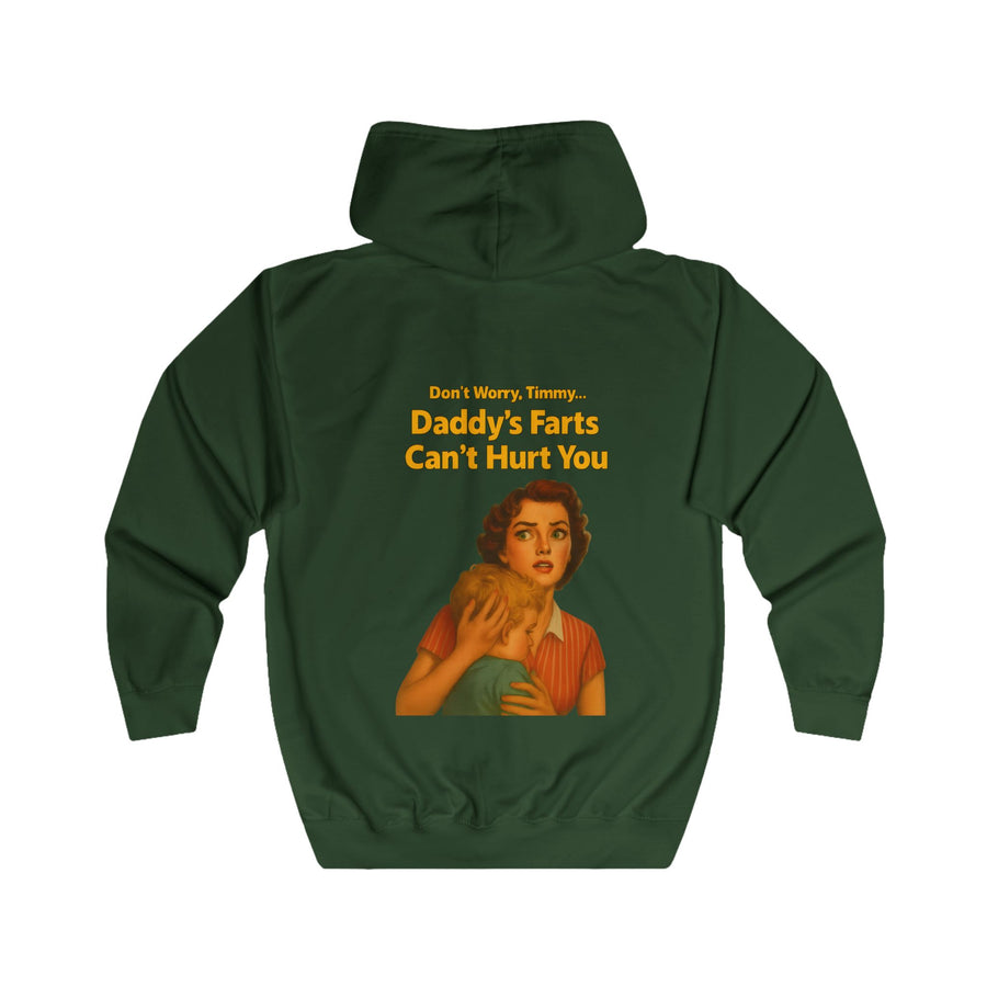 Papa Sweatjacke „Daddy's Farts Can't Hurt You“ – Zip-Hoodie mit Rückendruck – Bottle Green – Rückenansicht