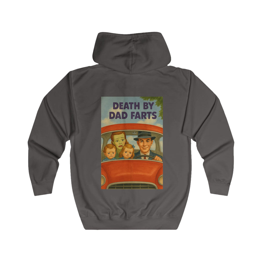 Papa Sweatjacke „Death by Dad Farts“ – Zip-Hoodie mit Rückendruck – Steel Grey – Rückenansicht