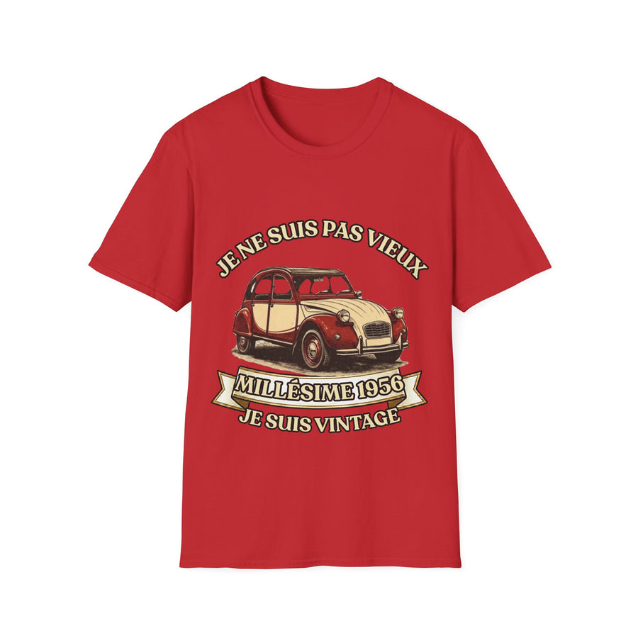 T-shirt Millésime 1956 « Je ne suis pas vieux, je suis vintage » – Cadeau anniversaire 70 ans homme – Deux-chevaux rouge et crème, voiture ancienne rétro