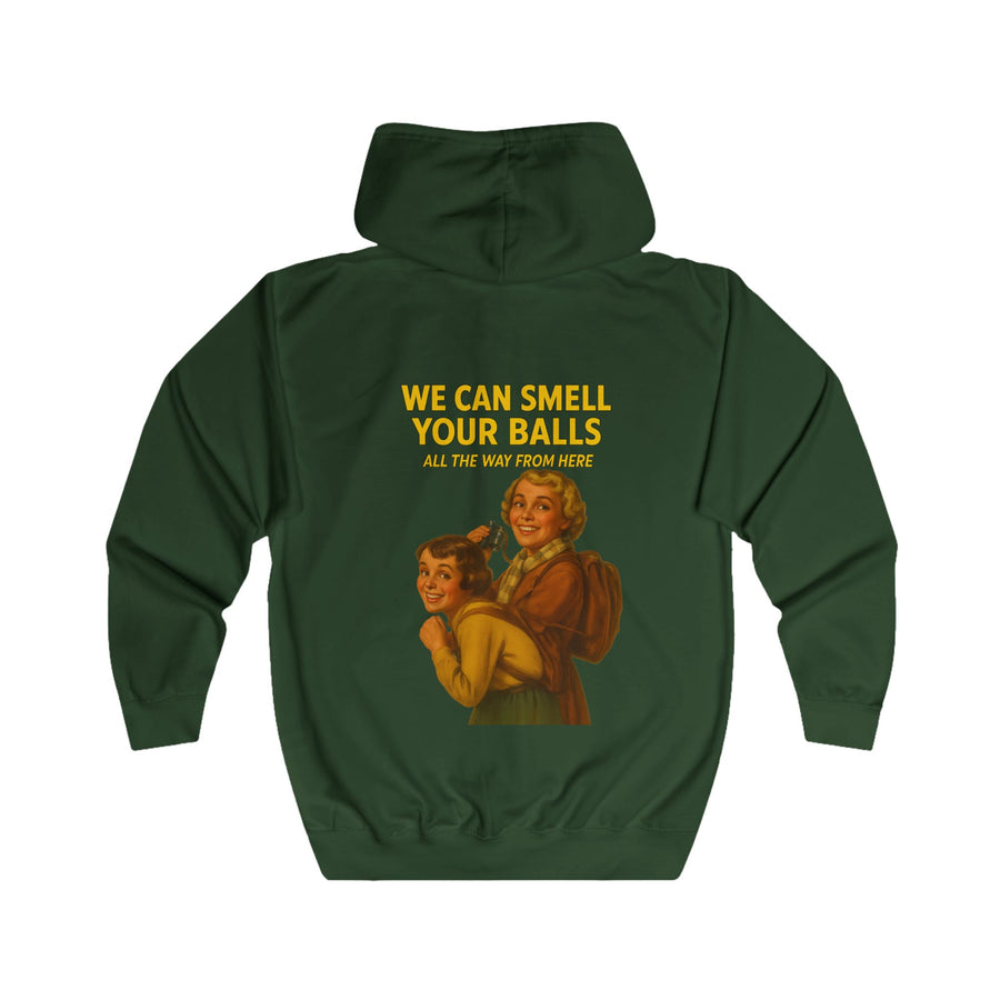 Retro Sweatjacke „We Can Smell Your Balls“ – Zip-Hoodie mit Rückendruck – Bottle Green – Rückenansicht