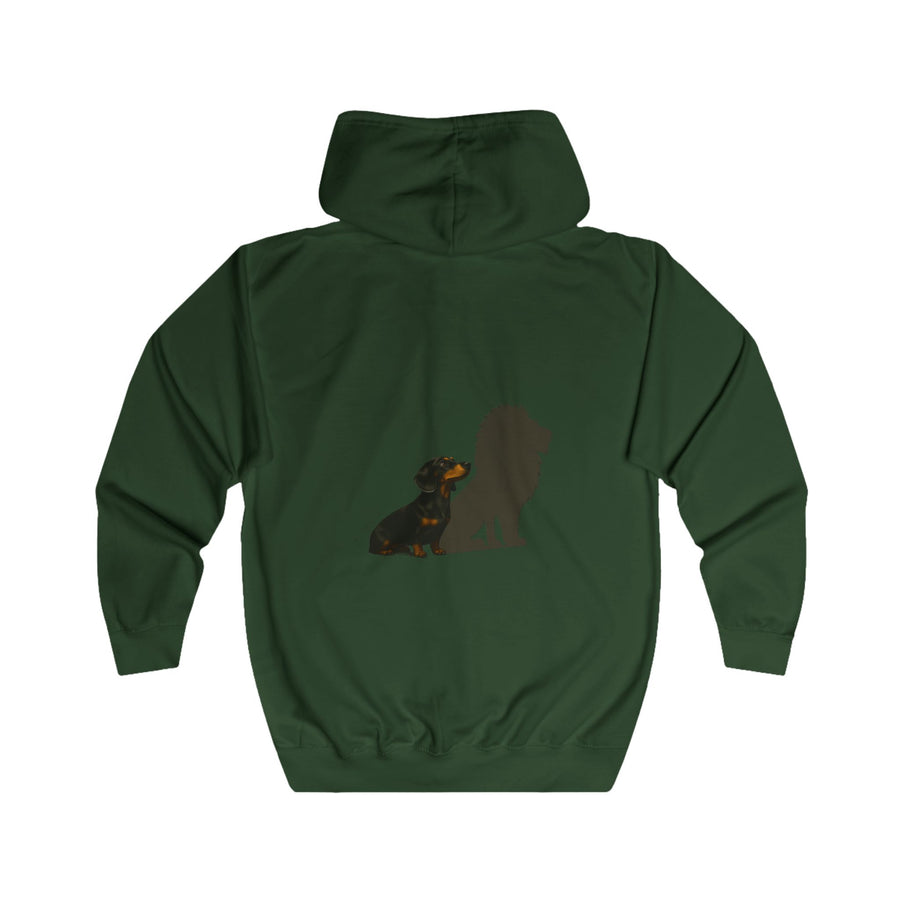 Dackel Sweatjacke „Dackel mit Löwen-Schatten“ – Zip-Hoodie mit Rückendruck – Bottle Green – Rückenansicht