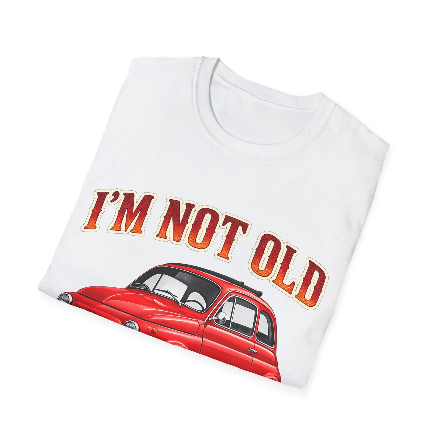True Insights Retro T-Shirt Oldtimer Kleinwagen, Nahaufnahme des Vintage Drucks in Rot