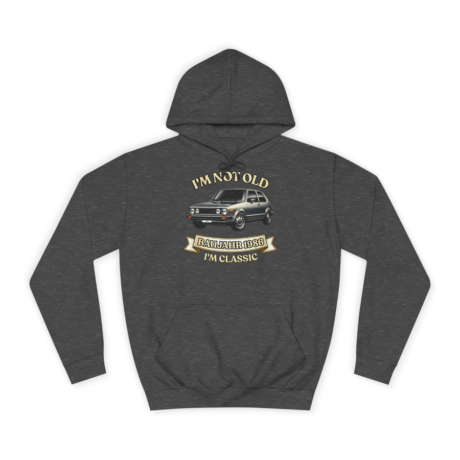 Geschenk zum 40. Geburtstag – Hoodie Jahrgang 1986 VW Golf – Charcoal – Vorderseite