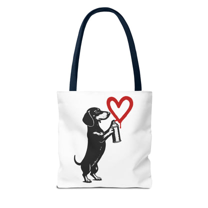 Banksy inspirierter Dackel Tote Bag Polyester – Street-Art Herz Sprühdose Beutel für Sport, Uni & Einkauf