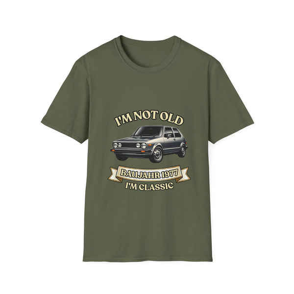 Geschenk zum 50. Geburtstag – T-Shirt Jahrgang 1977 VW Golf – Military Green – Vorderseite