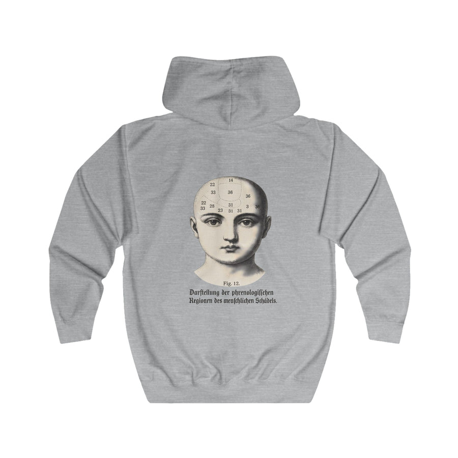 True Insights Phrenologie Zip-Hoodie – Vintage-Schädelillustration – Wissenschaft trifft Humor