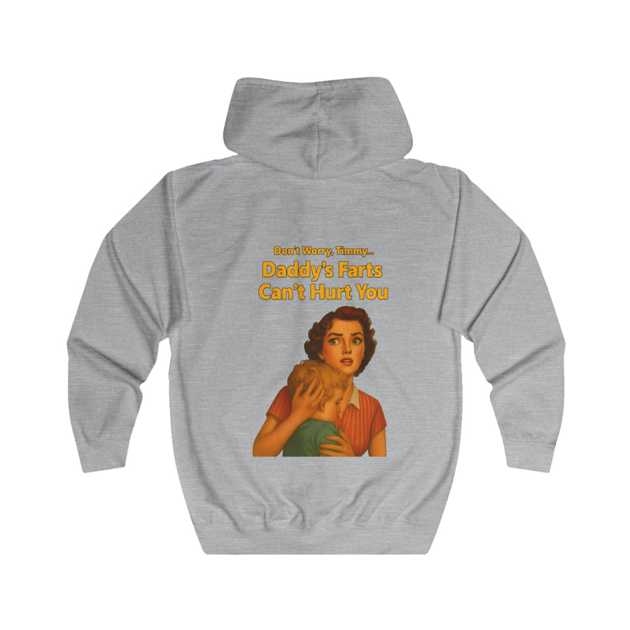 Papa Sweatjacke „Daddy's Farts Can't Hurt You“ – Zip-Hoodie mit Rückendruck – Heather Grey – Rückenansicht