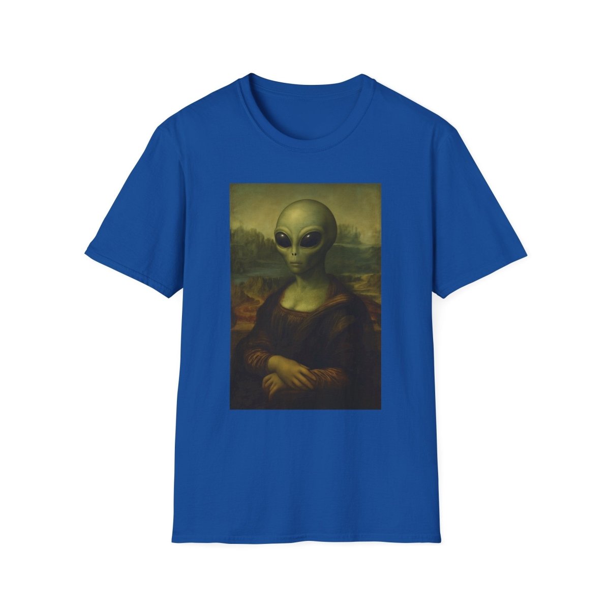Blaues T-Shirt mit Alien-Portrait im Mona-Lisa-Stil, Renaissance-Parodie für Sci-Fi und Pop-Art-Fans.