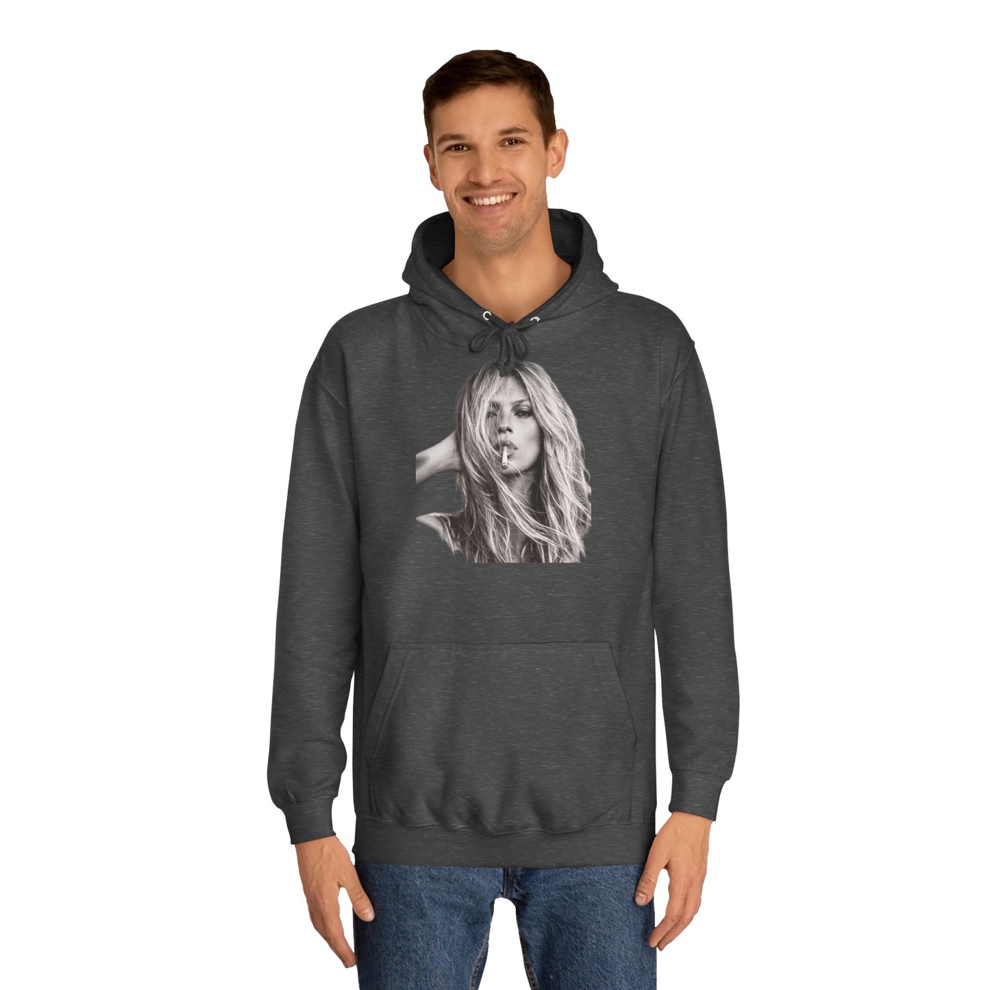 Kate Moss Hoodie – Ikonisches Schwarz-Weiß Porträt Kapuzenpullover für Fashion & Musik Fans