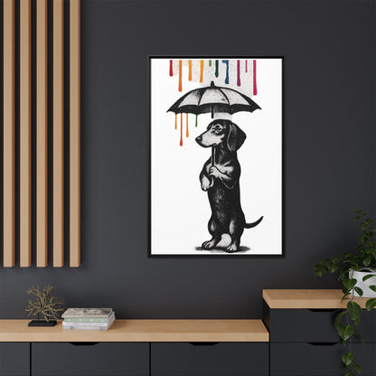 Dackel im Farbenregen – Street-Art Canvas mit Regenschirm & Farbtropfen