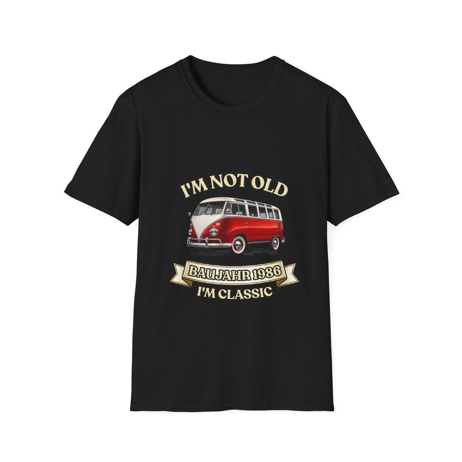 True Insights T-Shirt Baujahr 1986 Retro Bulli Bus 40. Geburtstag in Schwarz, satirisches Unisex Shirt