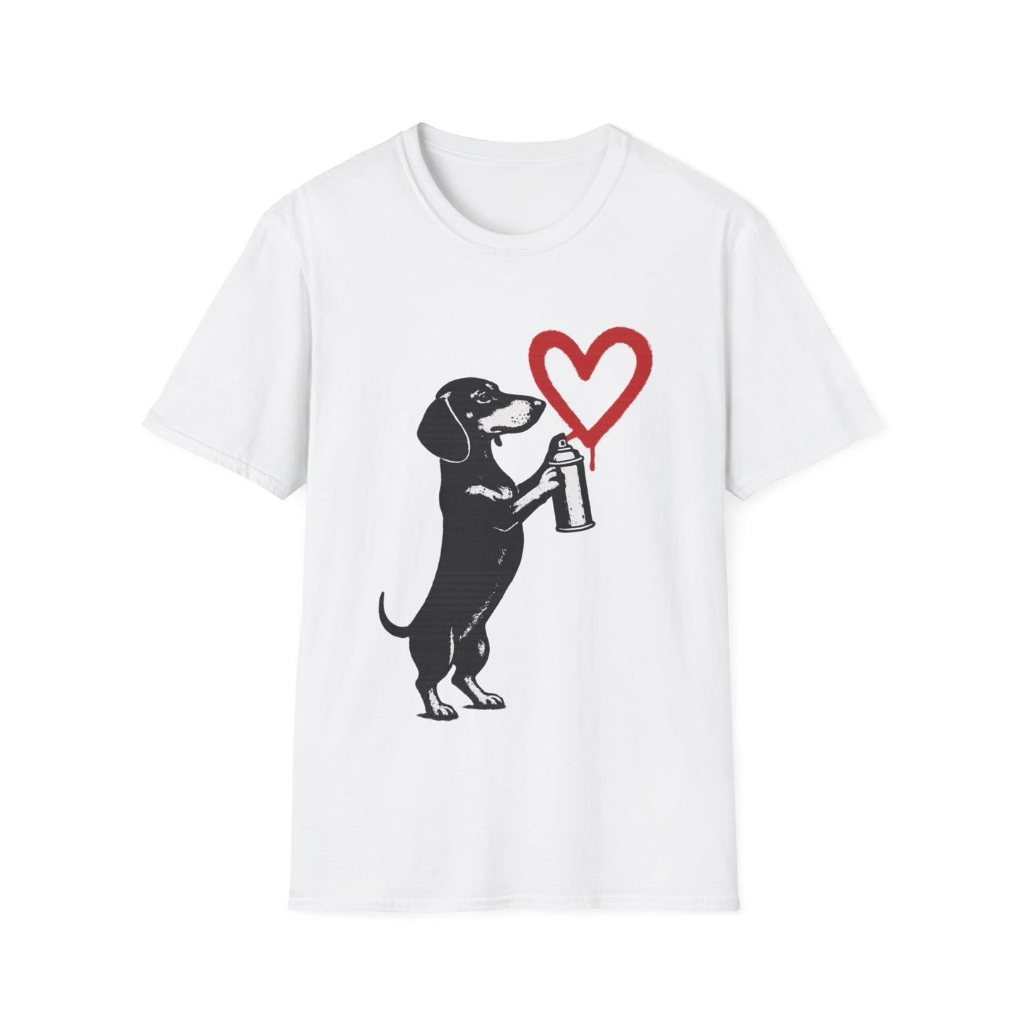Dackel mit Sprühdose Herz T-Shirt Unisex – Street Art Graffiti Hund Motiv, perfektes Geschenk für Dackelliebhaber & Valentinstag