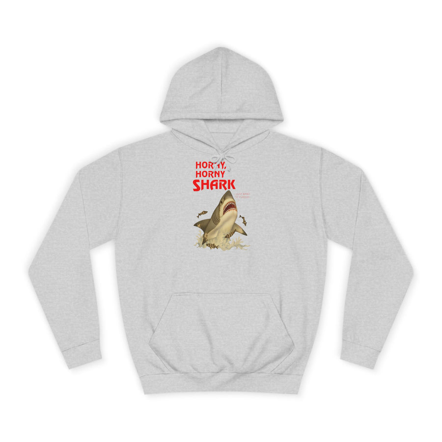 Hai Hoodie „Horny, Horny Shark“ – Der Hai, der nur kuscheln will – Heather Grey – Vorderseite