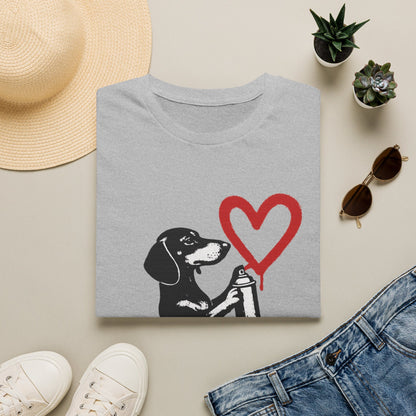 Dackel mit Sprühdose Herz T-Shirt Unisex – Street Art Graffiti Hund Motiv, perfektes Geschenk für Dackelliebhaber & Valentinstag