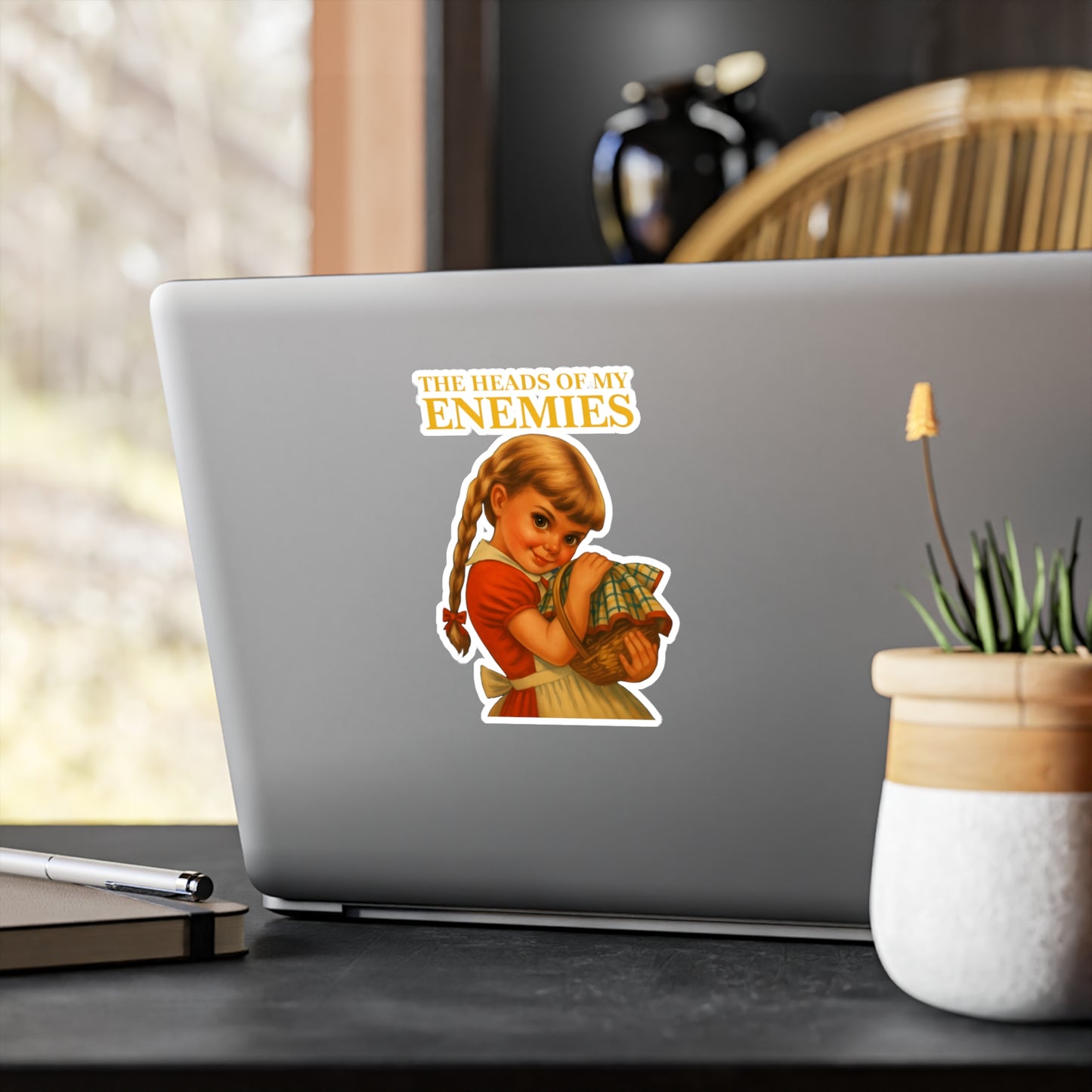 The Heads Of My Enemies Sticker - Lustiges Vintage Retro Meme Mädchen mit Korb - Ironischer Dark Humor Aufkleber Geschenk