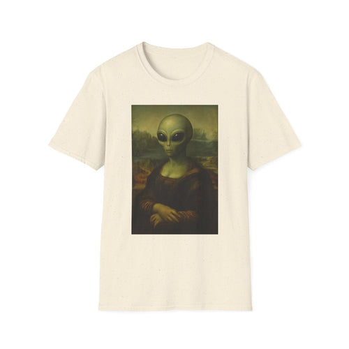Creme T-Shirt mit Alien-Portrait im Mona-Lisa-Stil, Kunstparodie mit grünem Außerirdischen-Gesicht für Science-Fiction-Fans.