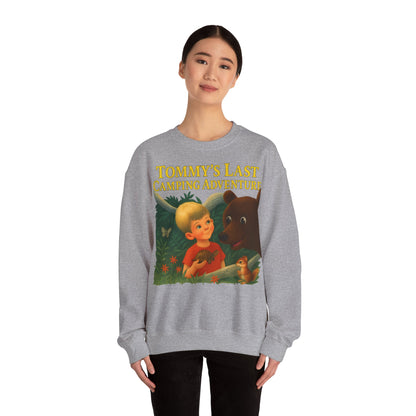 Sweatshirt – Tommy’s Last Camping Adventure Sweatshirt – Schwarzer Humor trifft Retro-Kinderbuchstil | True Insights Design mit Humor