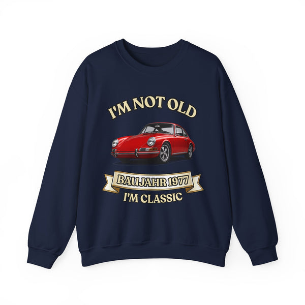 Geschenk zum 50. Geburtstag – Pullover Jahrgang 1977 mit Porsche-Motiv – Navy – Vorderseite