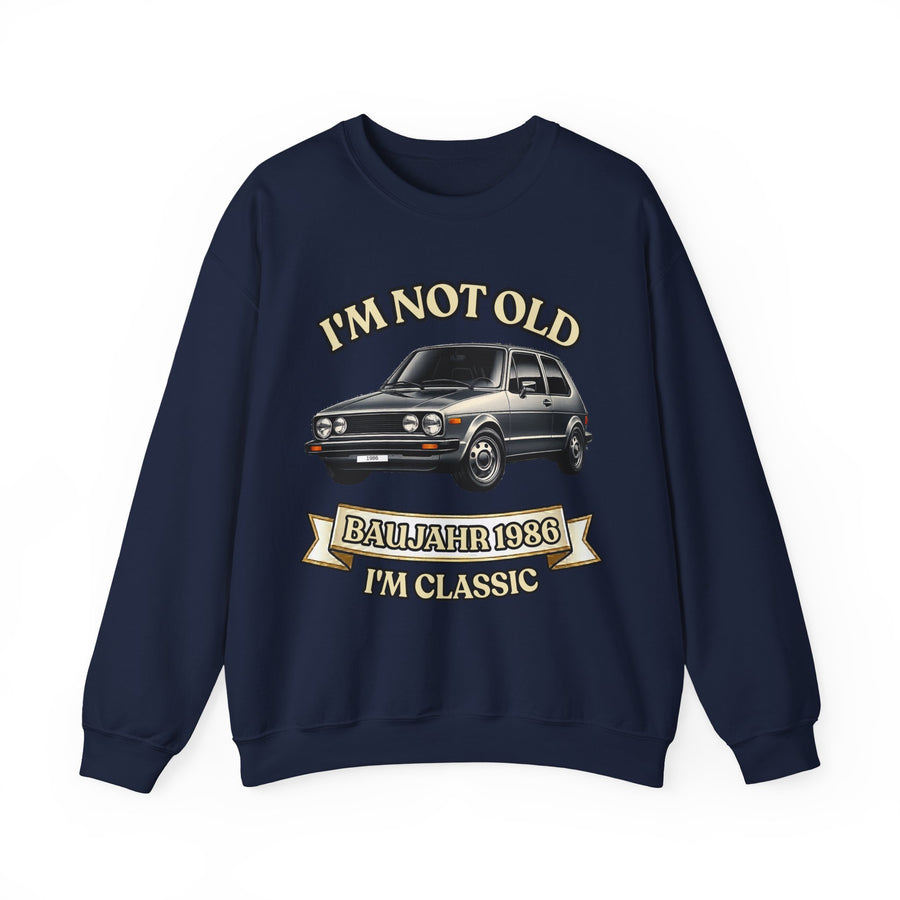 Geschenk zum 40. Geburtstag – Pullover Jahrgang 1986 VW Golf – Navy – Vorderseite