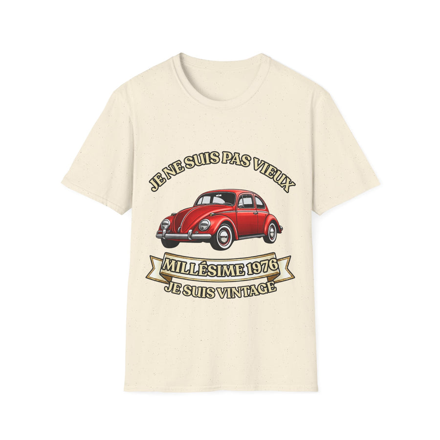 T-shirt Millésime 1976 « Je ne suis pas vieux, je suis vintage » – Cadeau anniversaire 50 ans homme – Coccinelle rouge, voiture ancienne rétro