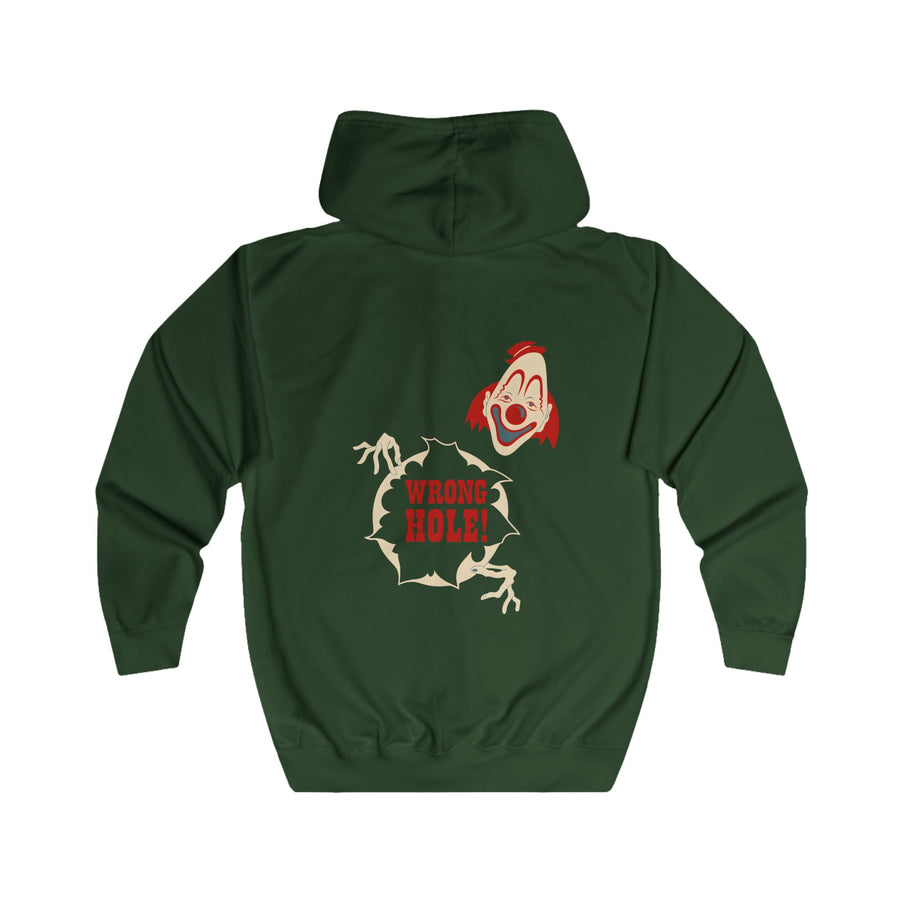 True Insights Wrong Hole! Zip-Hoodie – Provokantes Clown-Motiv mit schwarzem Humor