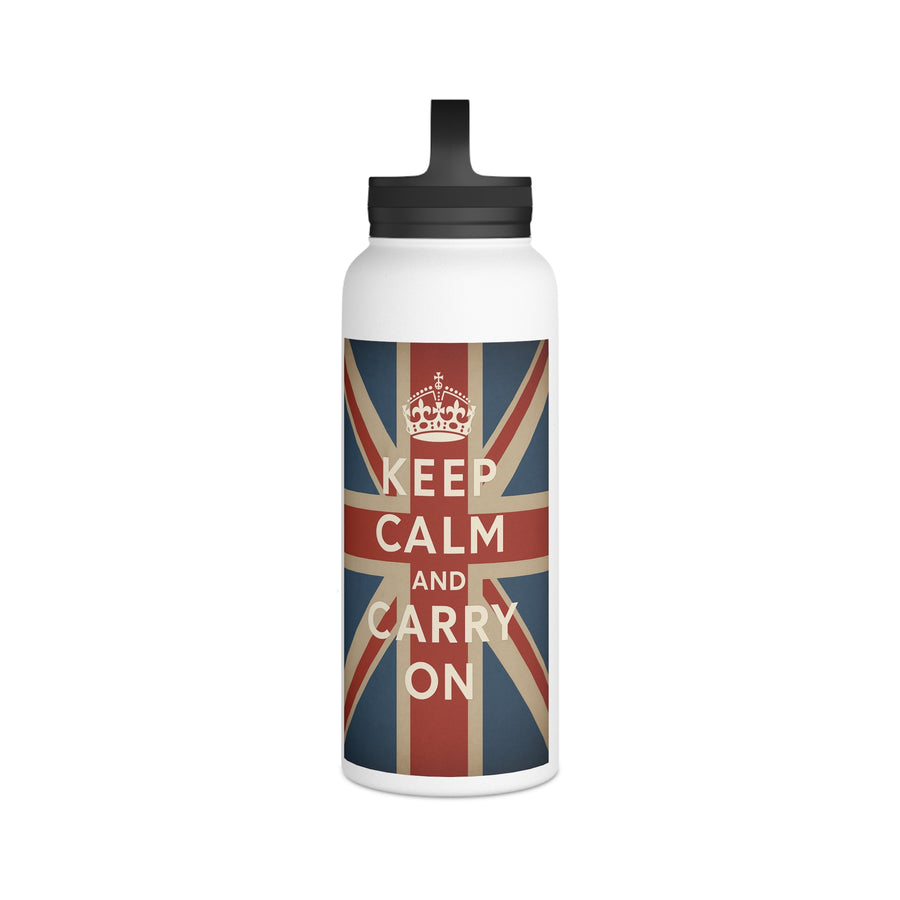 Gourde Inox Keep Calm and Carry On – Design Vintage Union Jack, Isotherme avec Couvercle à Poignée, Cadeau Britannique
