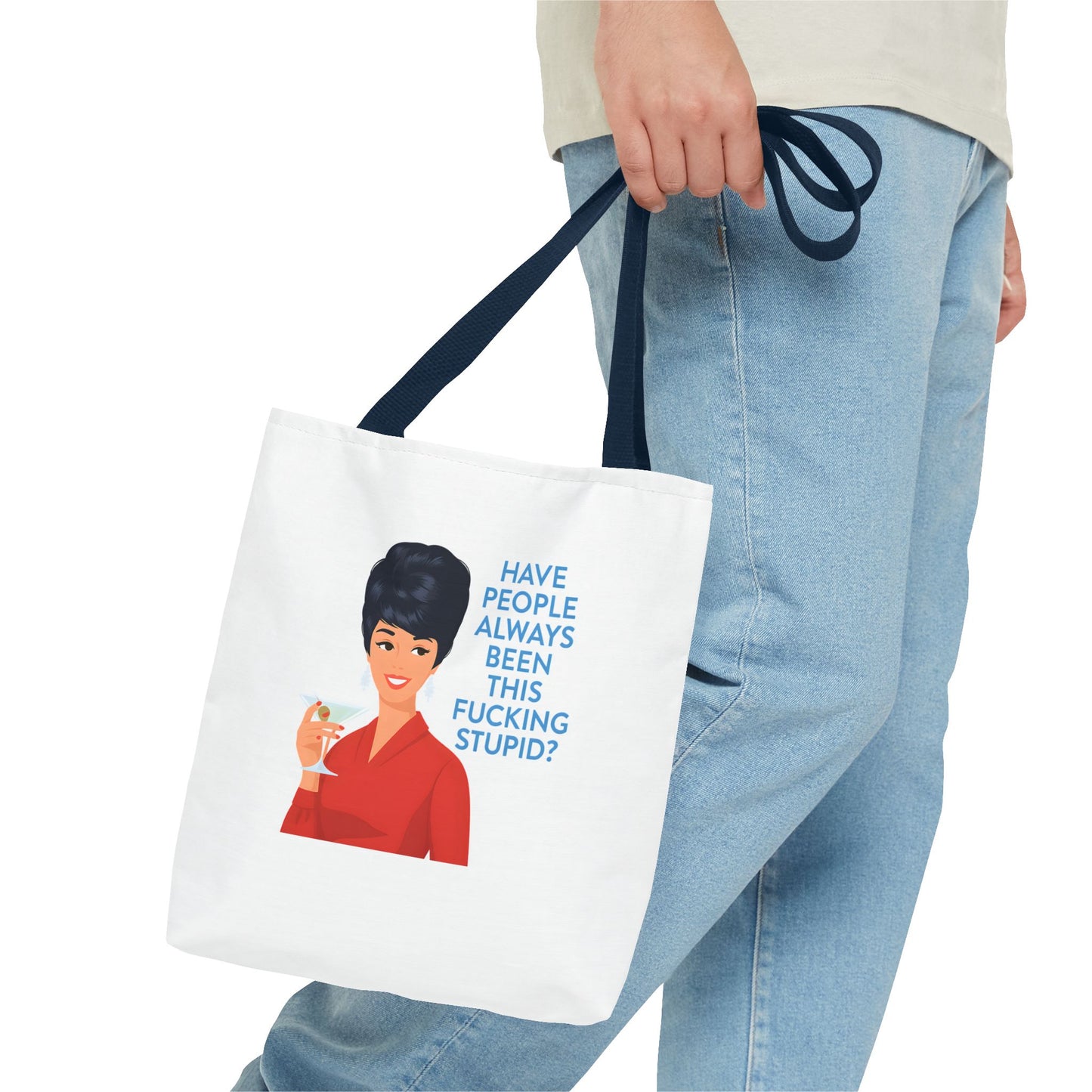 Lustige Tote Bag Retro Frau mit Martini - 'Have People Always Been This Stupid?' - Sarkasmus Spruch Vintage Stoffbeutel Geschenk