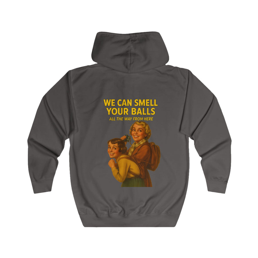 Retro Sweatjacke „We Can Smell Your Balls“ – Zip-Hoodie mit Rückendruck – Steel Grey – Rückenansicht
