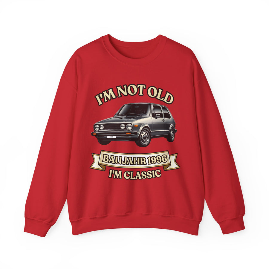Geschenk zum 30. Geburtstag – Pullover Jahrgang 1996 VW Golf – Red – Vorderseite