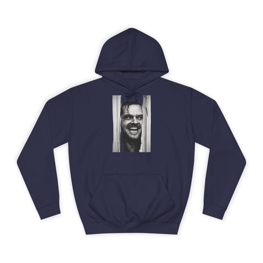 Marineblauer Hoodie mit schwarzweißem Porträt eines grinsenden Mannes hinter Türspalten.