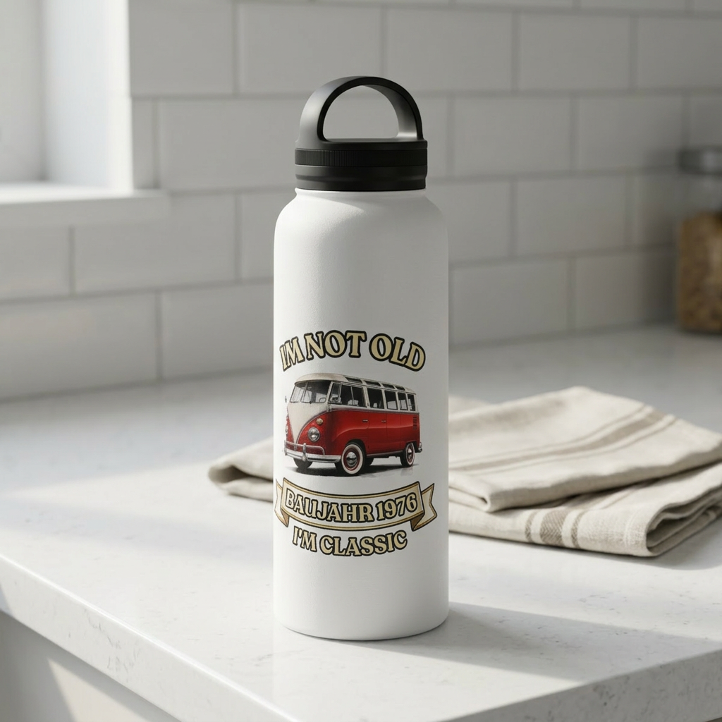 Baujahr 1976 Isolierte Edelstahl Trinkflasche – Retro Bulli Bus 50. Geburtstag Geschenk "I'm Not Old I'm Classic"