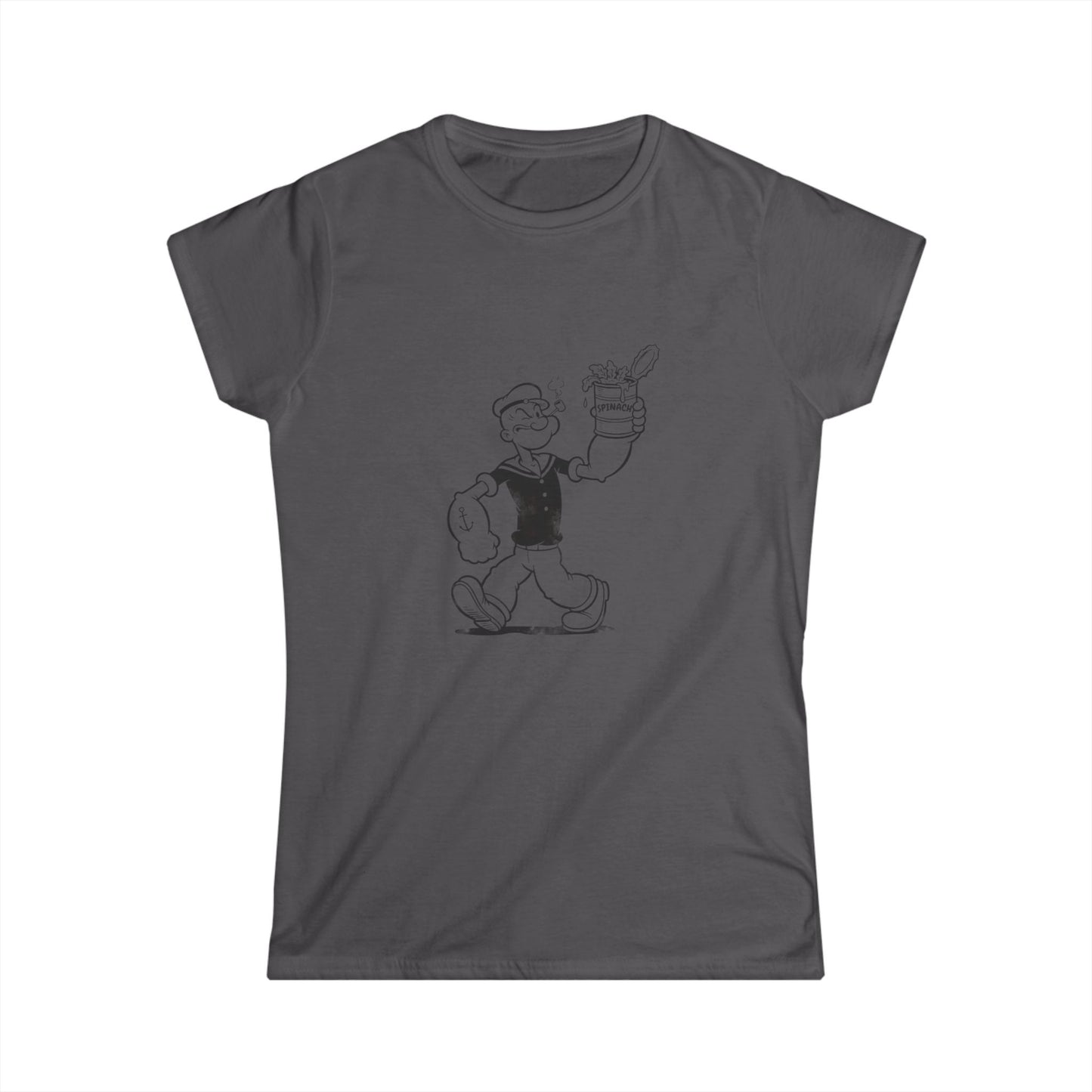 True Insights Damen T-Shirt mit Spinat Dose Sailor Motiv in Charcoal, satirisches Retro Comic Kult Design