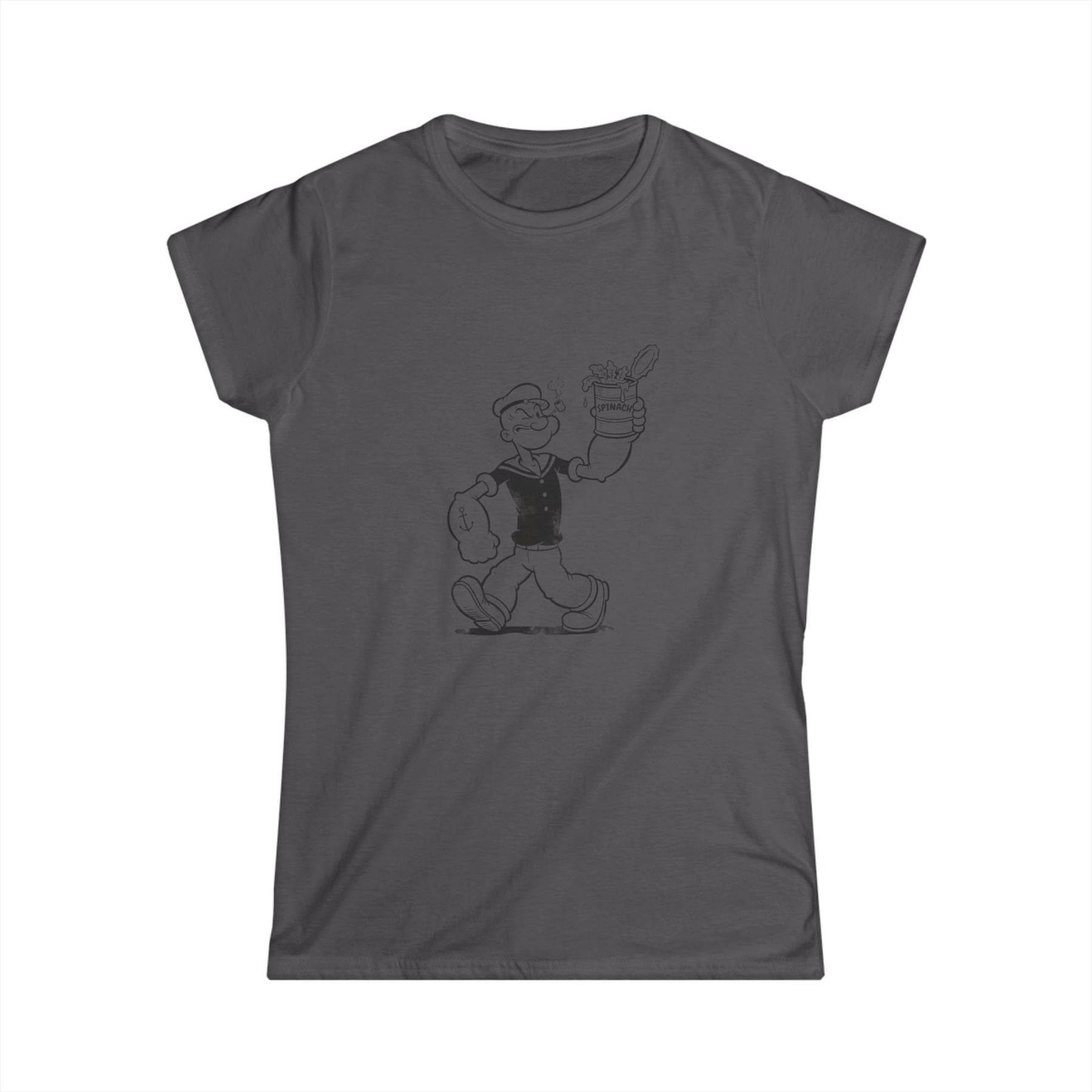 True Insights Damen T-Shirt mit Spinat Dose Sailor Motiv in Charcoal, satirisches Retro Comic Kult Design