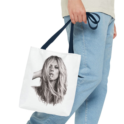 Kate Moss Tote Bag – Schwarz-Weiß Portrait Fashion Icon Stofftasche | Kultiges Model Motiv für Fans & Fashionistas