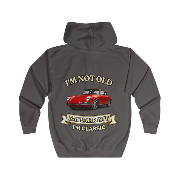 Geschenk zum 50. Geburtstag – Sweatjacke Jahrgang 1976 mit Porsche-Motiv – Steel Grey – Rückenansicht