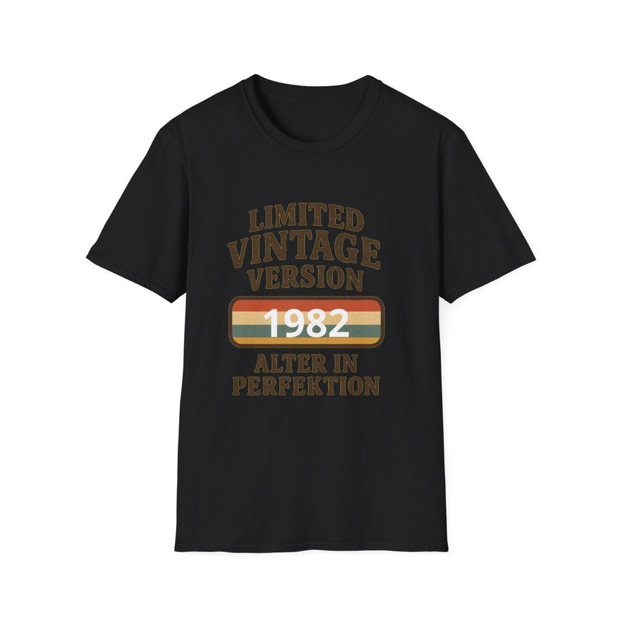 Schwarzes T-Shirt mit Schriftzug Limited-Vintage-Version und Jahreszahl 1982 im Retro-Poster-Stil mit Vintage-Streifen fuer Geburtstagsgeschenke.