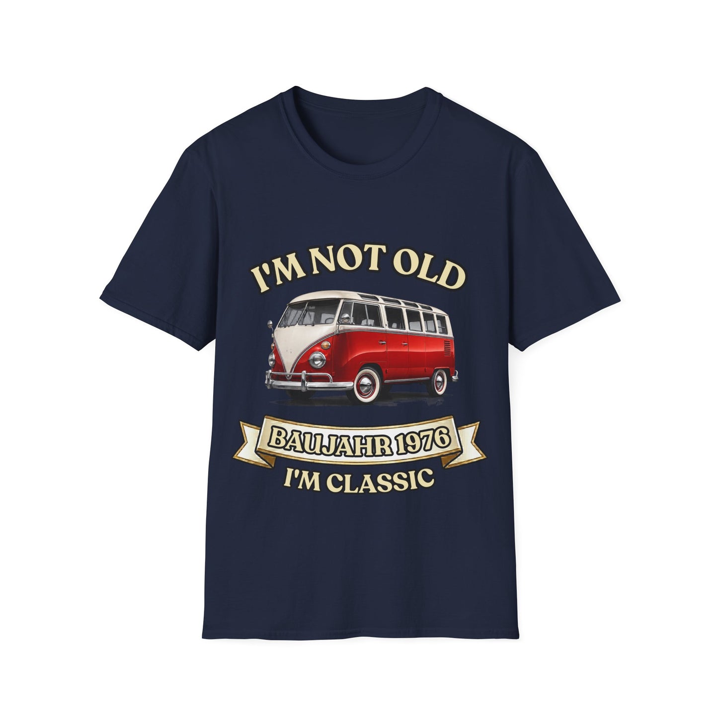 True Insights T-Shirt Baujahr 1976 Classic Bus Oldtimer Motiv in Navy, satirischer Geburtstag Aufdruck