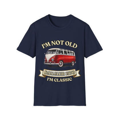 True Insights T-Shirt Baujahr 1976 Classic Bus Oldtimer Motiv in Navy, satirischer Geburtstag Aufdruck