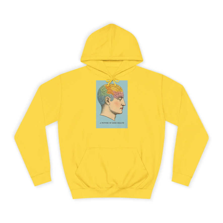 Vintage Hoodie „A Picture of Good Health“ – Vintage-Phrenologie für mentale Überflieger – Sun Yellow – Vorderseite