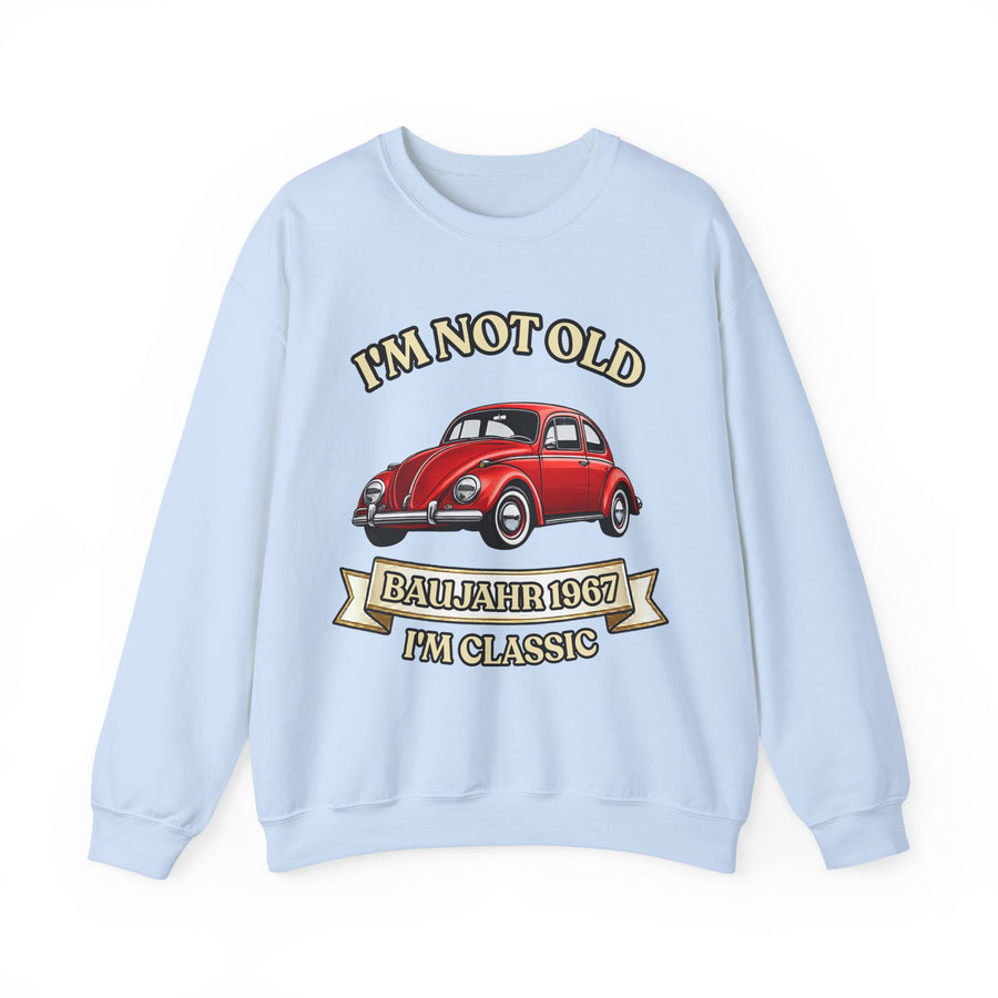 Geschenk zum 60. Geburtstag – Pullover Jahrgang 1967 VW Käfer – Light Blue – Vorderseite