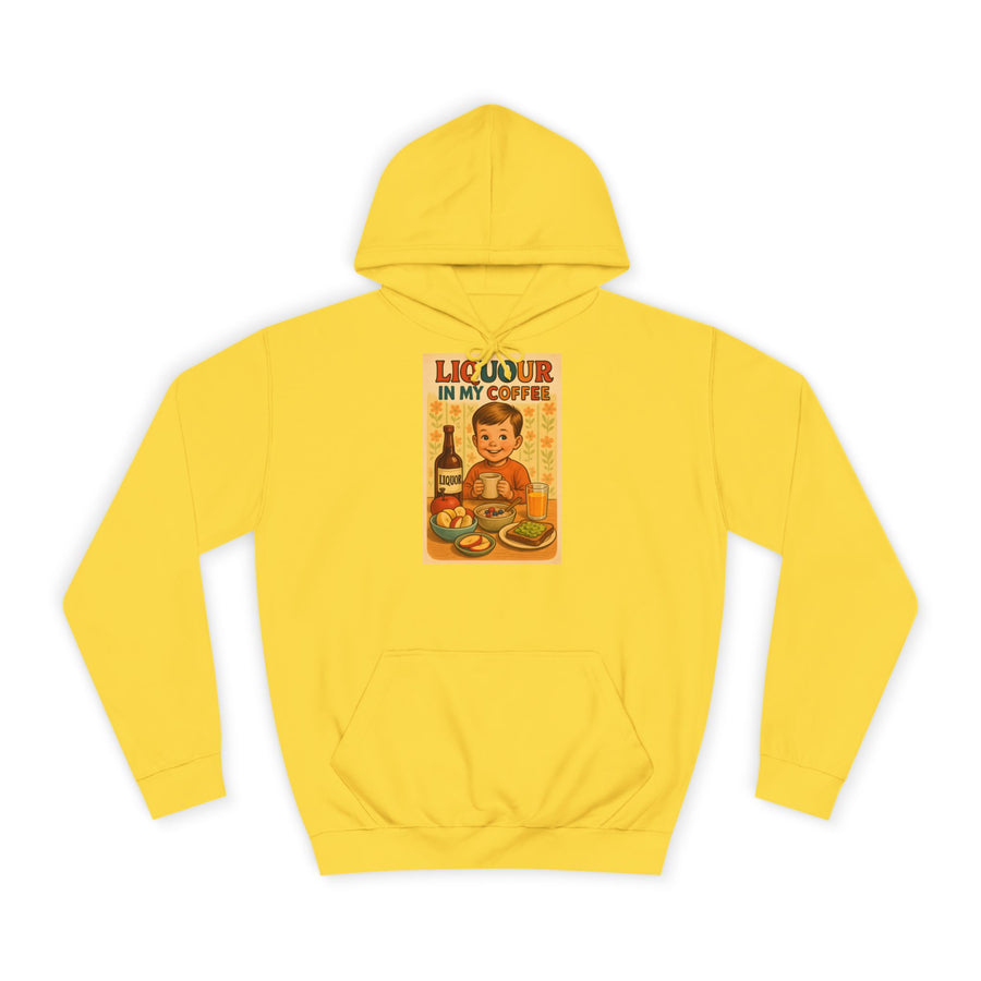 Kaffee Hoodie „Liquor in My Coffee“ – Retro-Humor für Kaffeetrinker – Sun Yellow – Vorderseite