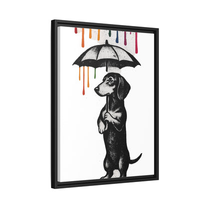 Dackel im Farbenregen – Street-Art Canvas mit Regenschirm & Farbtropfen