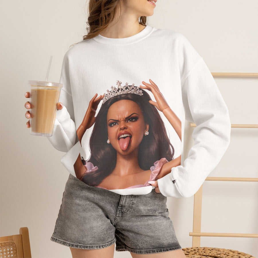 Barbicore Sweatshirt – Sassy Doll Design with Tiara & Tongue Out | Pink Doll Print