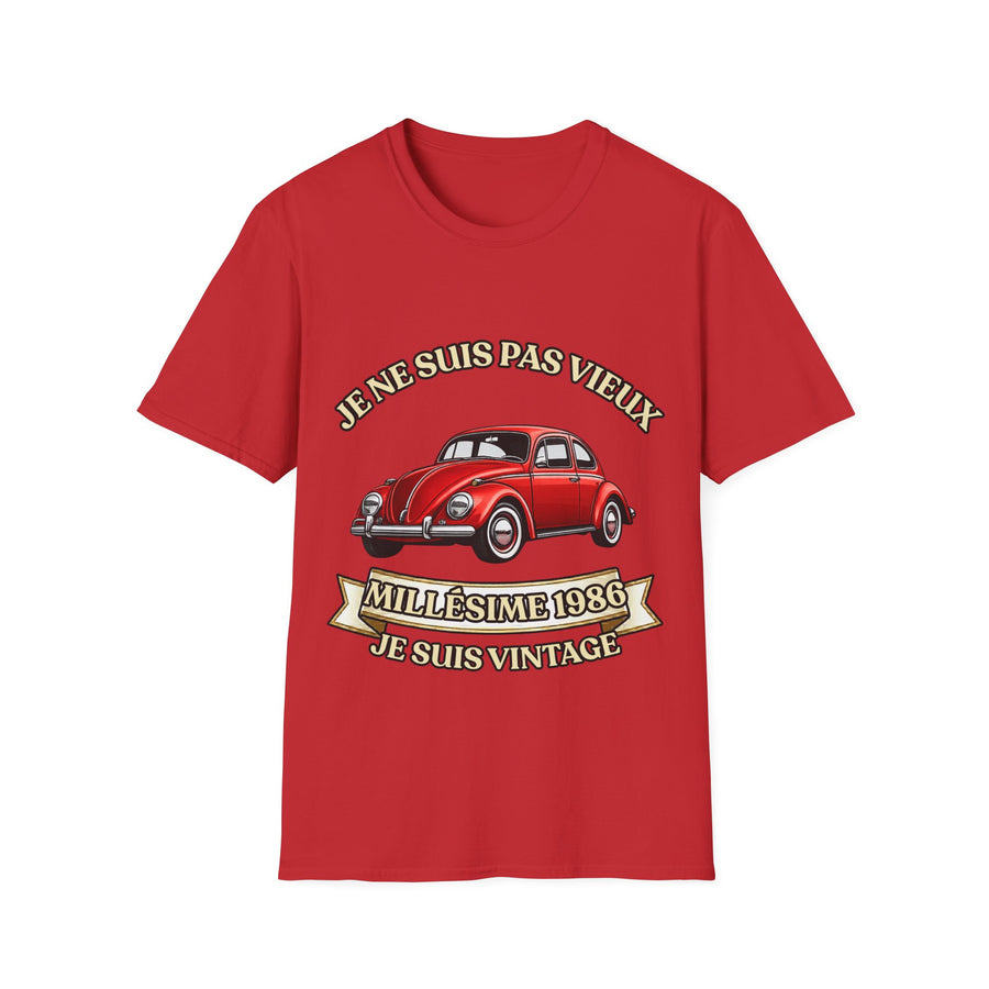 T-shirt Millésime 1986 « Je ne suis pas vieux, je suis vintage » – Cadeau anniversaire 40 ans homme – Coccinelle rouge, voiture ancienne rétro