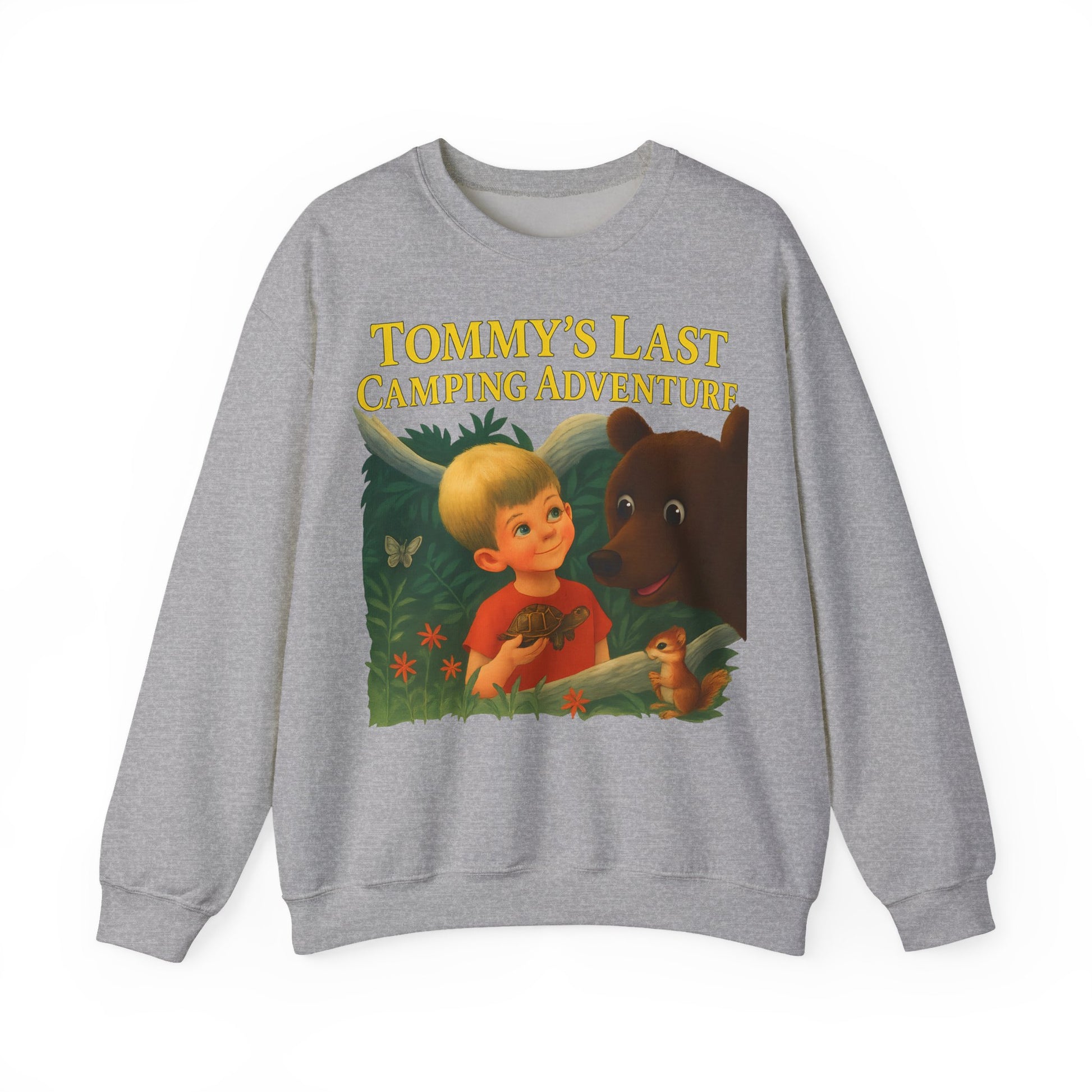Sweatshirt – Tommy’s Last Camping Adventure Sweatshirt – Schwarzer Humor trifft Retro-Kinderbuchstil | True Insights Design mit Humor