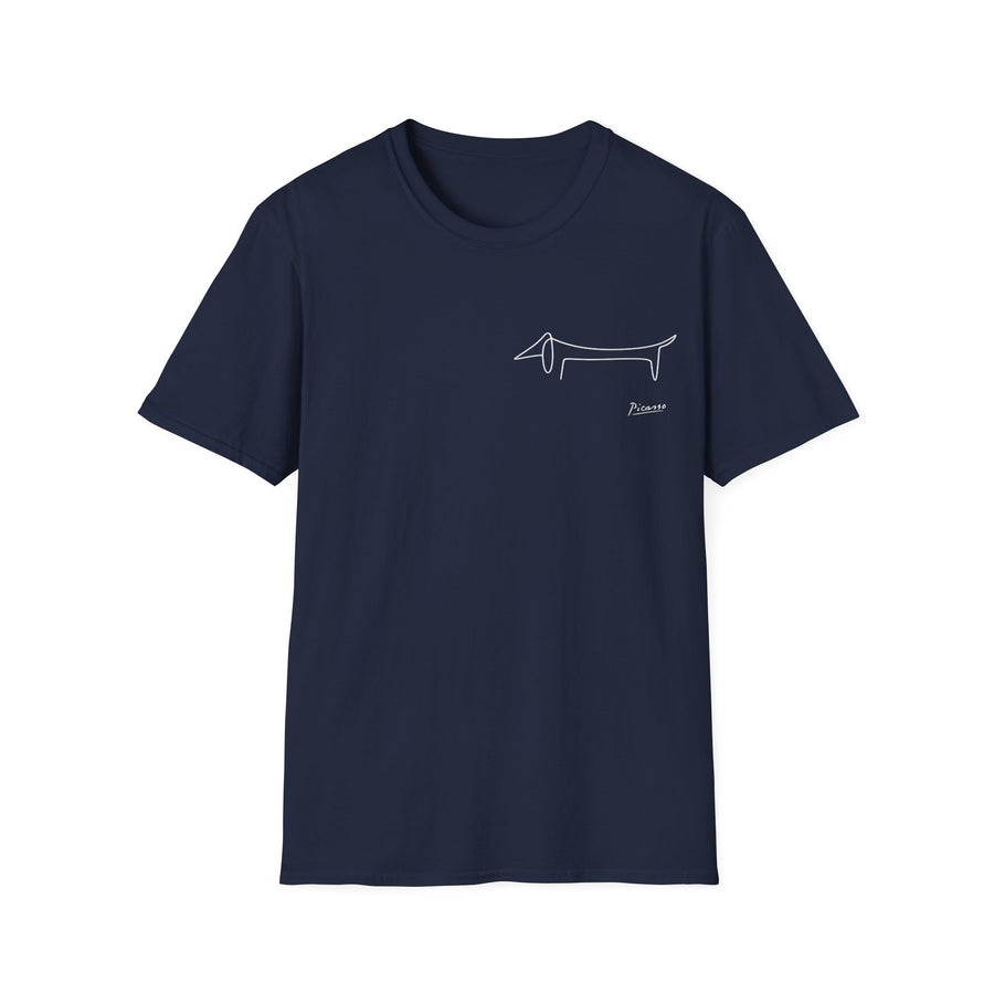 Marineblaues T-Shirt mit minimalistischer Dackel-Strichzeichnung und „Picasso“-Schriftzug.