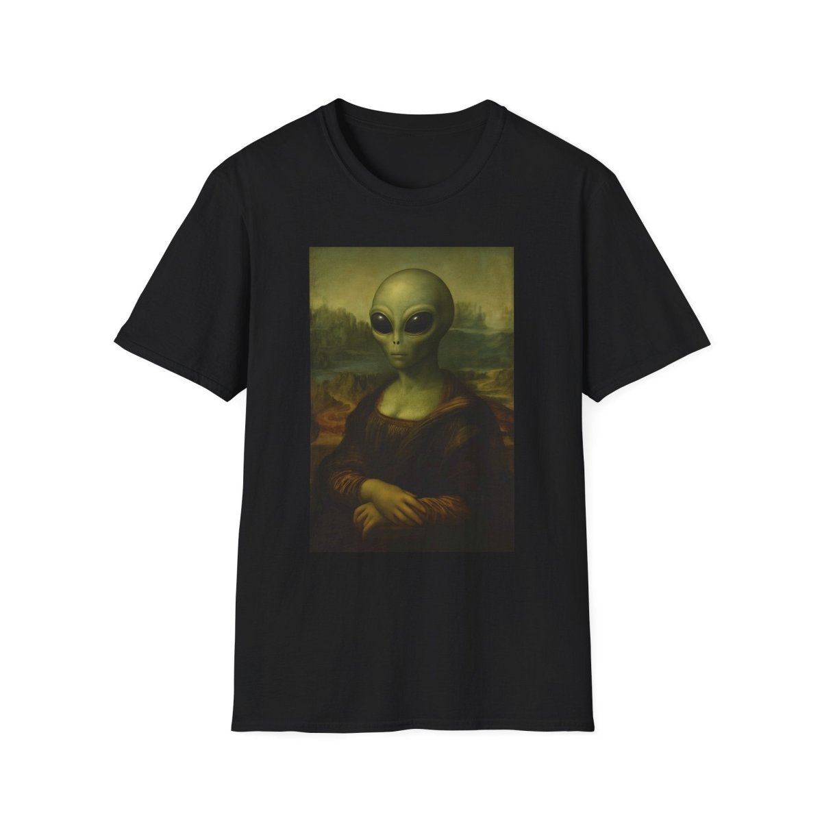 Schwarzes T-Shirt mit Mona-Lisa-Alien-Parodie im Renaissance-Pop-Art-Stil für Science-Fiction-Fans und Kunstliebhaber.
